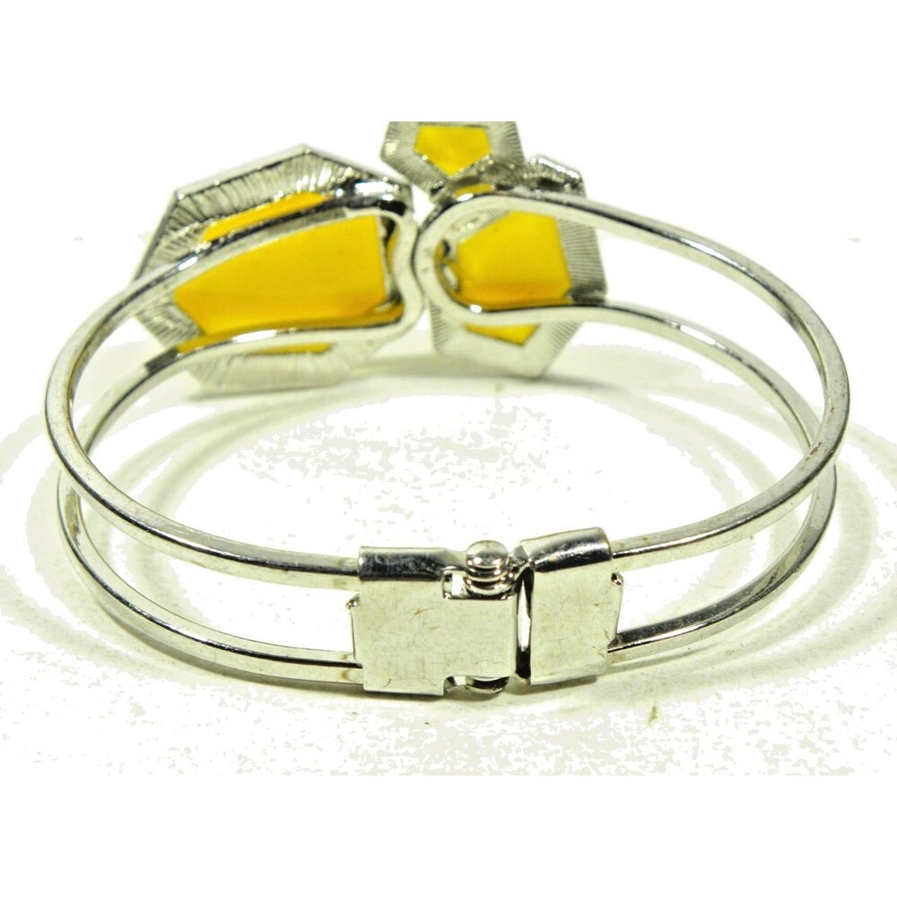 Yellow Bangle Bracelet Beaded Silver Tone Oval Hinged Clamper Acrylic Geometric - Picture 3 of 4